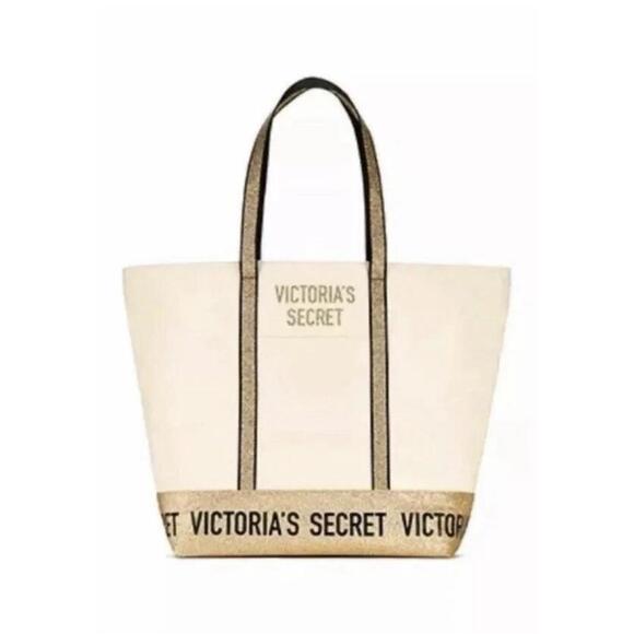 Victoria's Secret Canvas GOLD GLITTER Tote Bag FACTORY SEALED - Picture 1 of 7